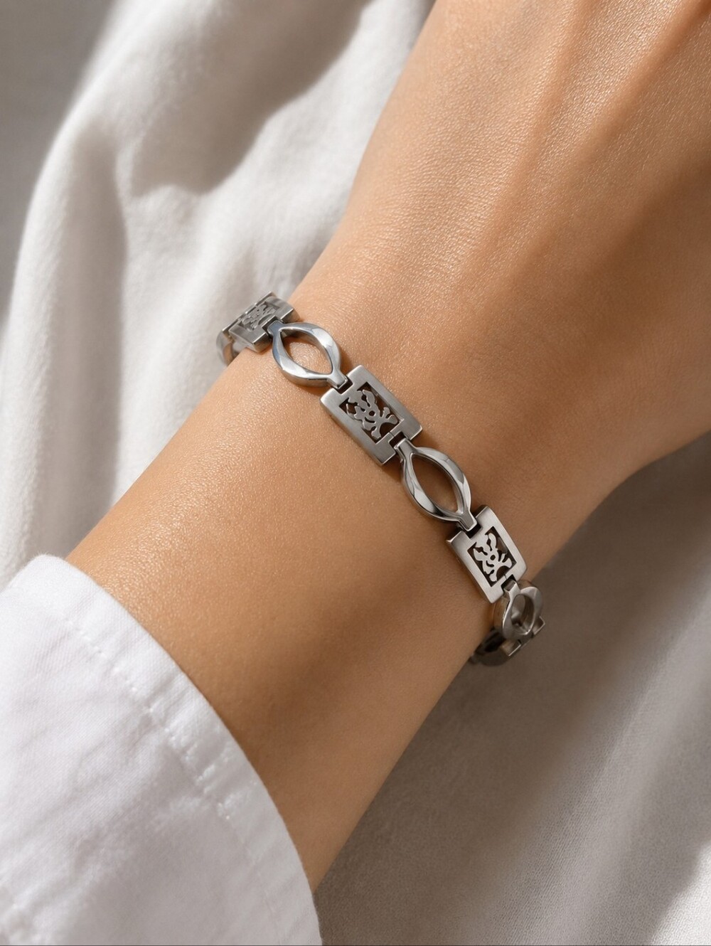 Stainless Steel Link Bracelet | Hypoallergenic Geometric Silver Tone Bracelet